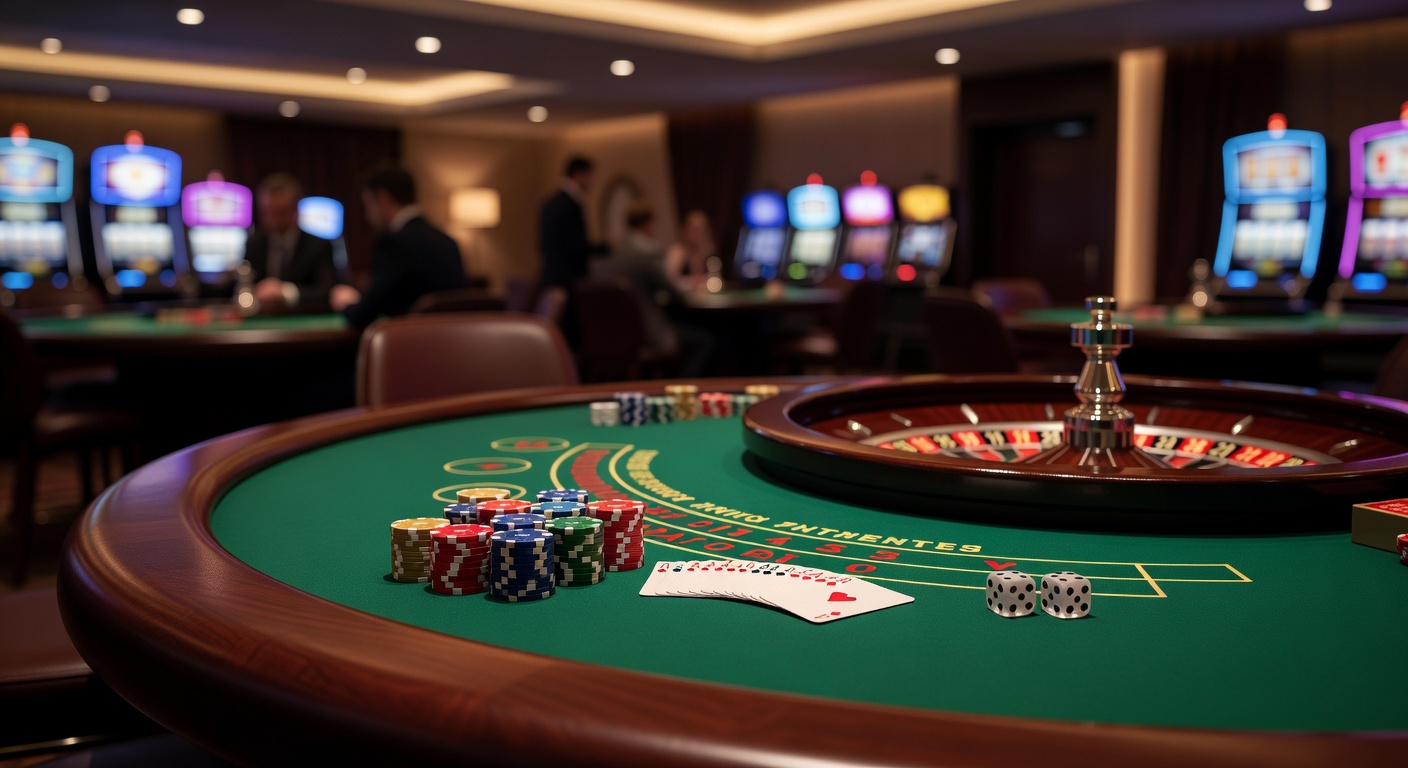 Een bruisende casino vloer met roulettewielen, blackjack tafels en poker spelers in actie, typisch voor de levendige sfeer in Nederlandse online en live casino's
