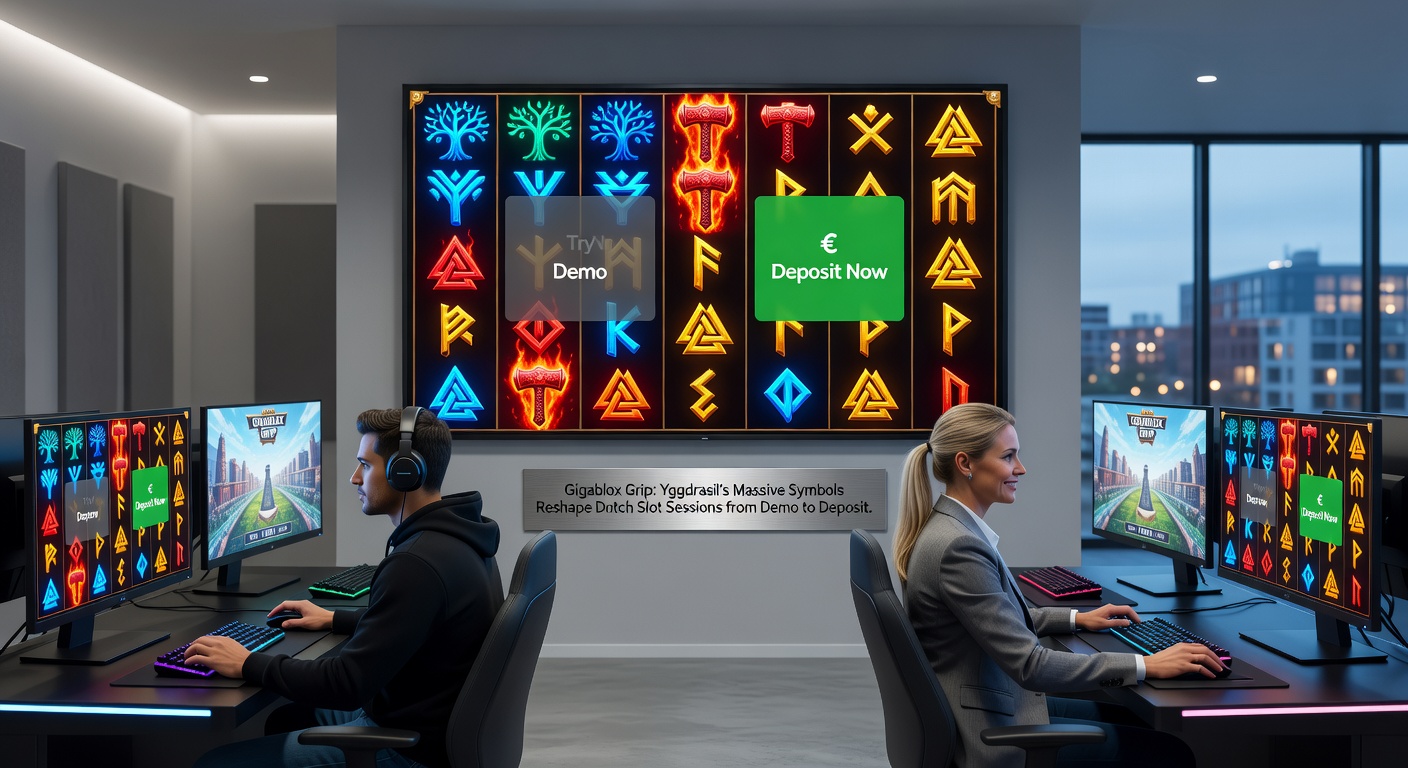 Een close-up van een Gigablox Grip free spin-ronde, waar massieve symbolen multipliers activeren en de Nederlandse speler naar een grote uitbetaling leiden