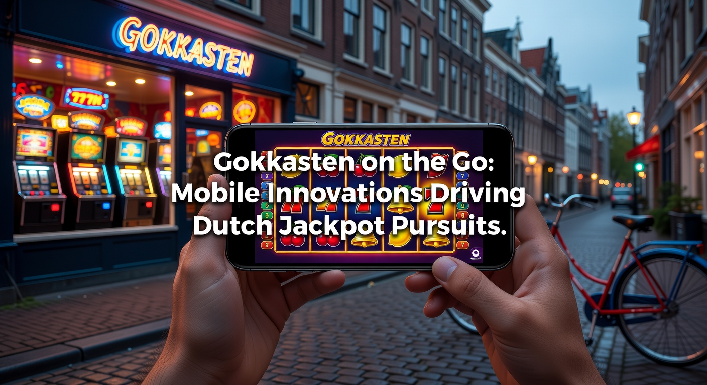 Smartphone met draaiende gokkastrollen op een zonnig terras, symbool voor mobiel gokken onderweg