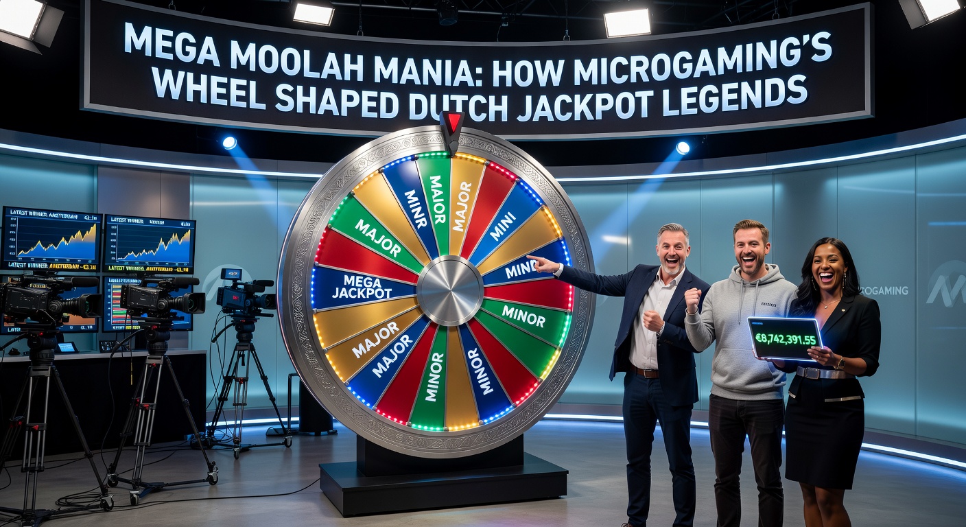 Een Nederlandse speler viert een Mega Moolah-jackpotwinst, met het wheel op de Mega-positie en confetti-effecten die de euforie vastleggen