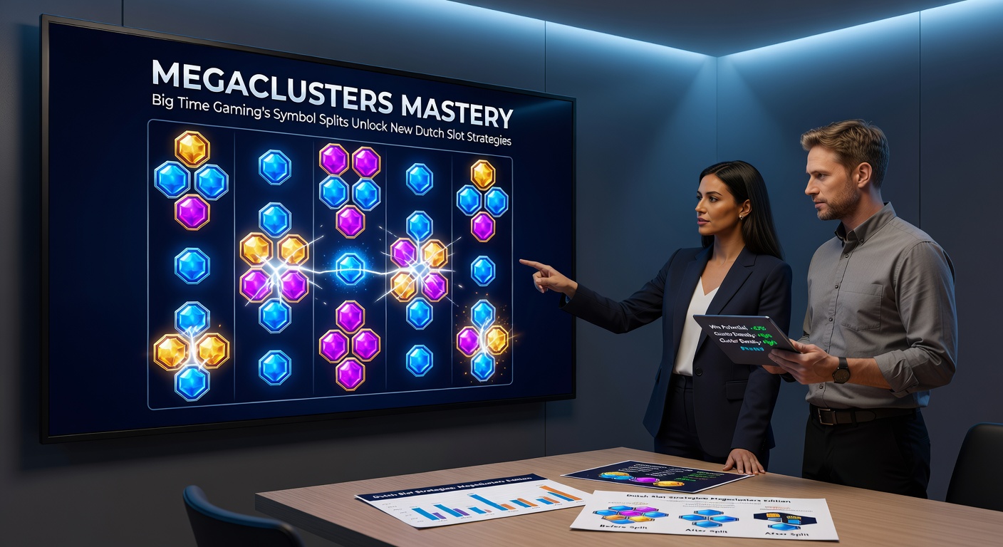 Een uitgebreide Megaclusters-grid met gesplitste symbolen en exploderende clusters in een Big Time Gaming slot