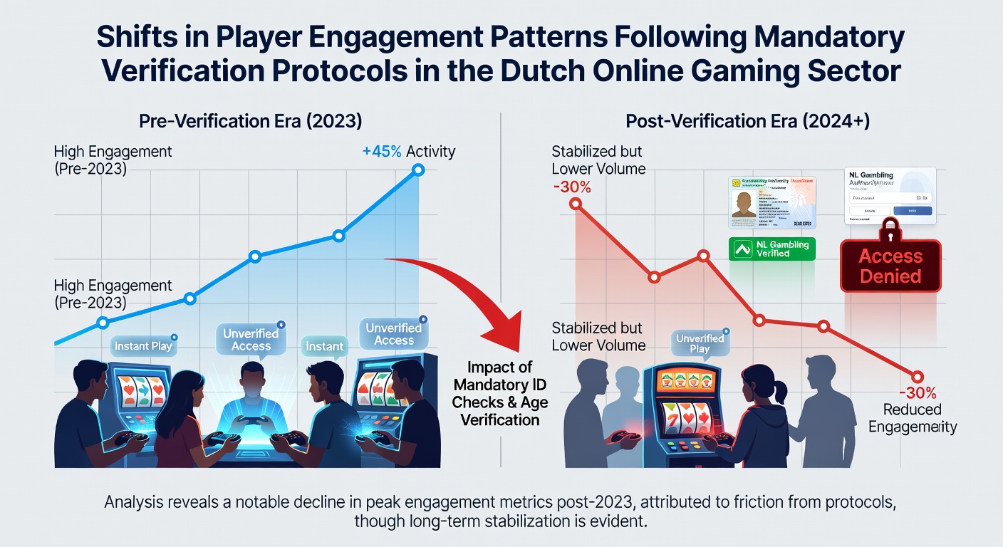 Grafiek die de daling in nieuwe registraties en veranderingen in sessieduur toont na invoering van verificatieprotocollen bij Nederlandse online casinos in mei 2026