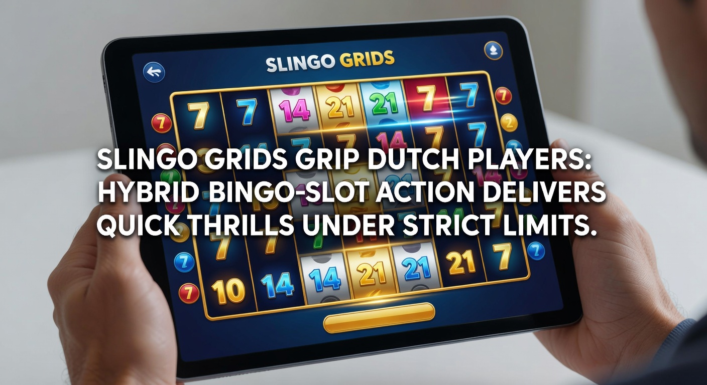 Dynamisch Slingo-rooster met draaiende slots en bingo-nummers die lijnen completeren op een Nederlands casino-scherm