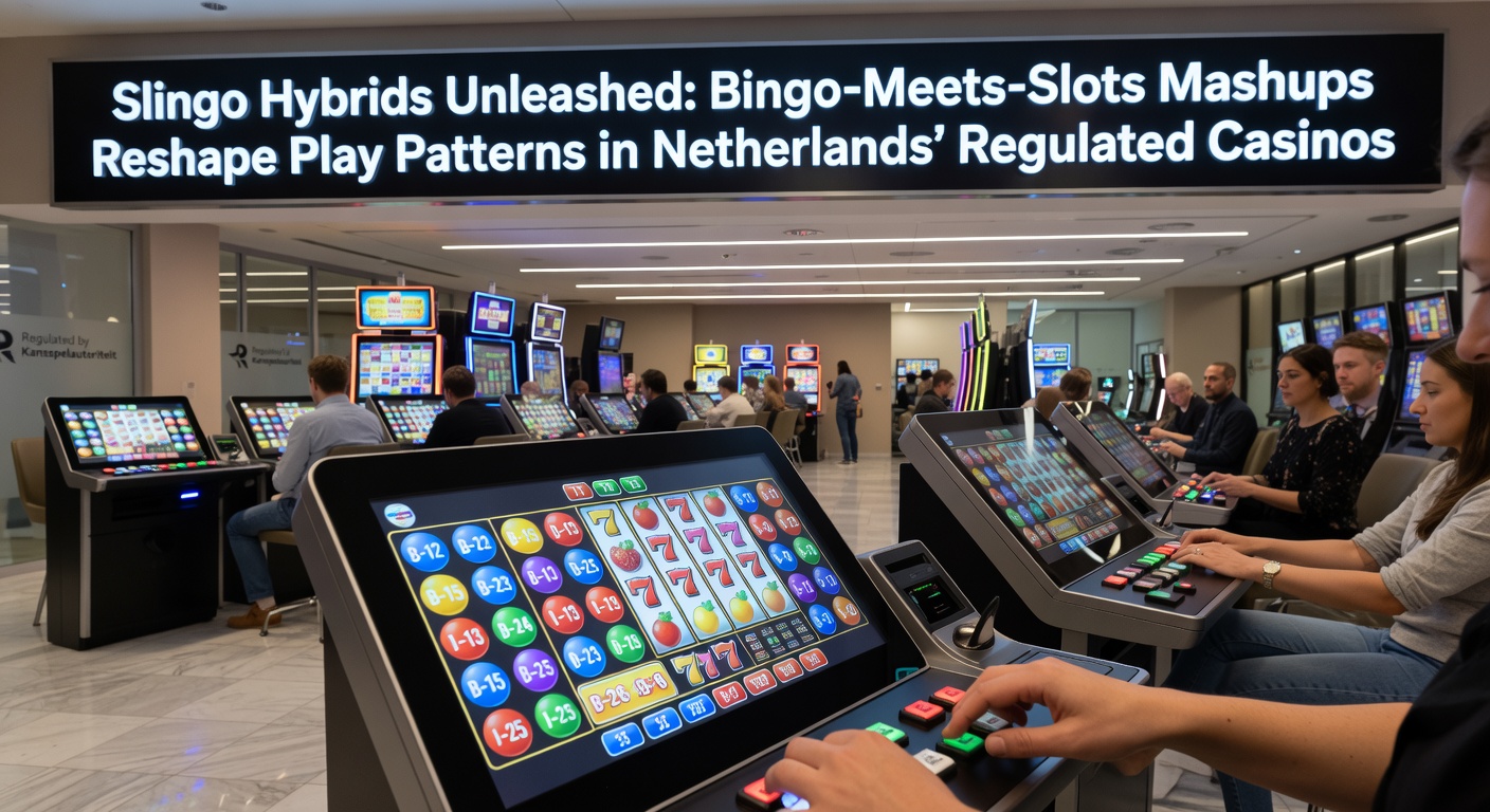 Een dynamische Slingo-hybride game met bingo-grid en draaiende slotsymbolen op een Nederlands casino-scherm