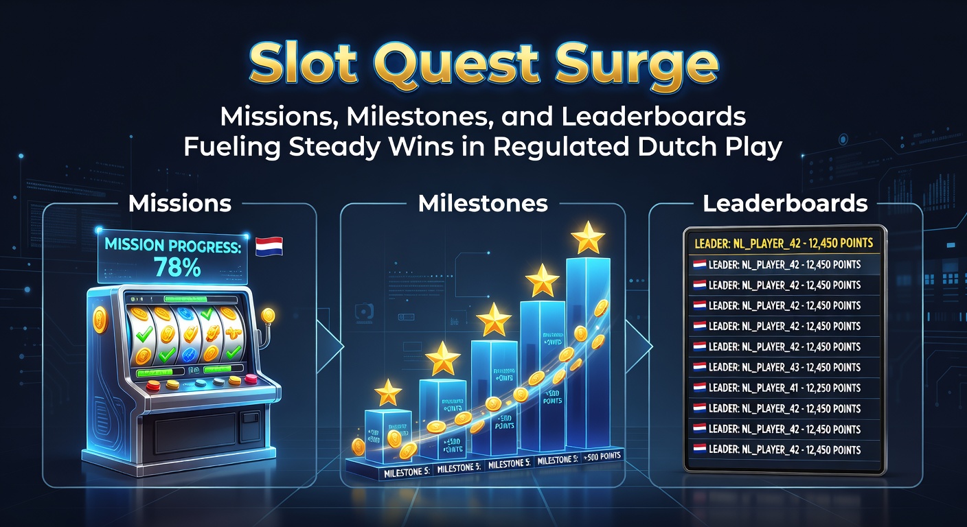 Schermafbeelding van Slot Quest Surge met missies, mijlpalen en leaderboards in een Nederlands casino-interface, waar spelers steady wins najagen